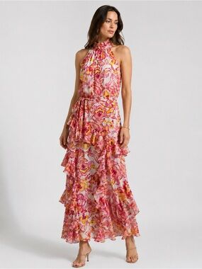 CeCe Floral Chiffon Halter Maxi Dress Tie Waist Tiered Ruffle Pink Orange 10 NWT